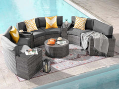 11-Piece Curved Wicker Sofa Set - Grey