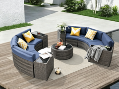 11-Piece Curved Wicker Sofa Set - Navy