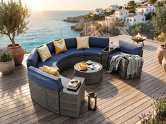 11-Piece Curved Wicker Sofa Set - Navy