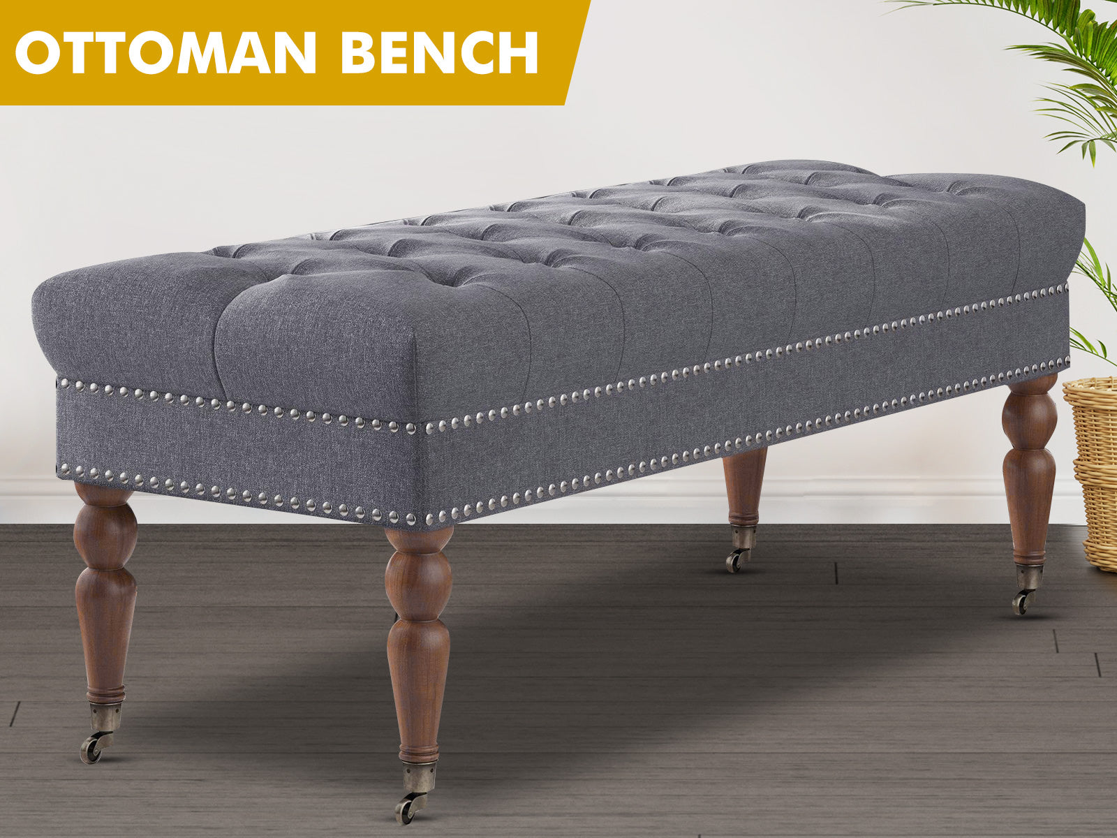 Bellay Linen Ottoman Bench - Light Grey