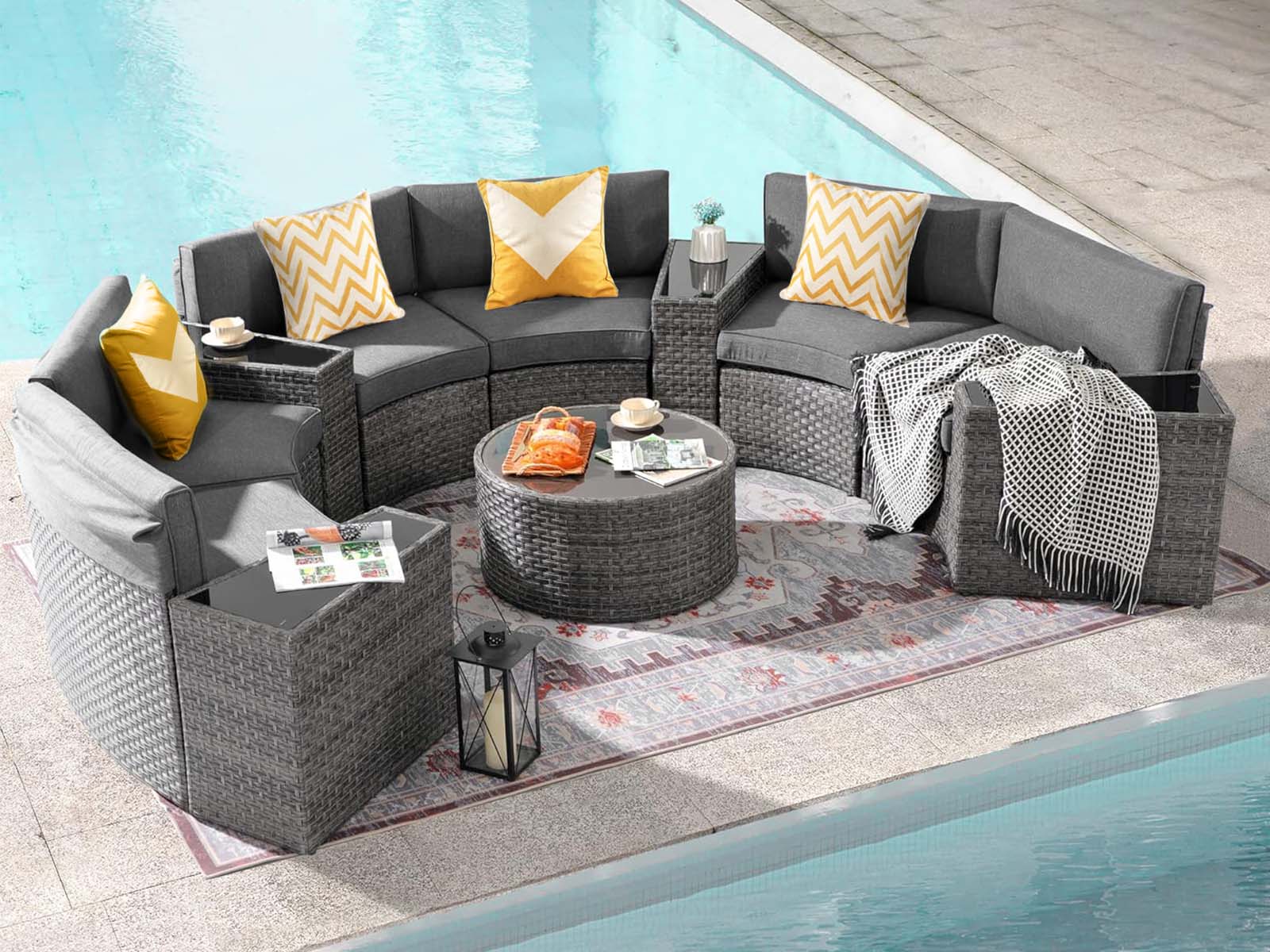 11-Piece Curved Wicker Sofa Set - Grey