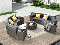 11-Piece Curved Wicker Sofa Set - Grey