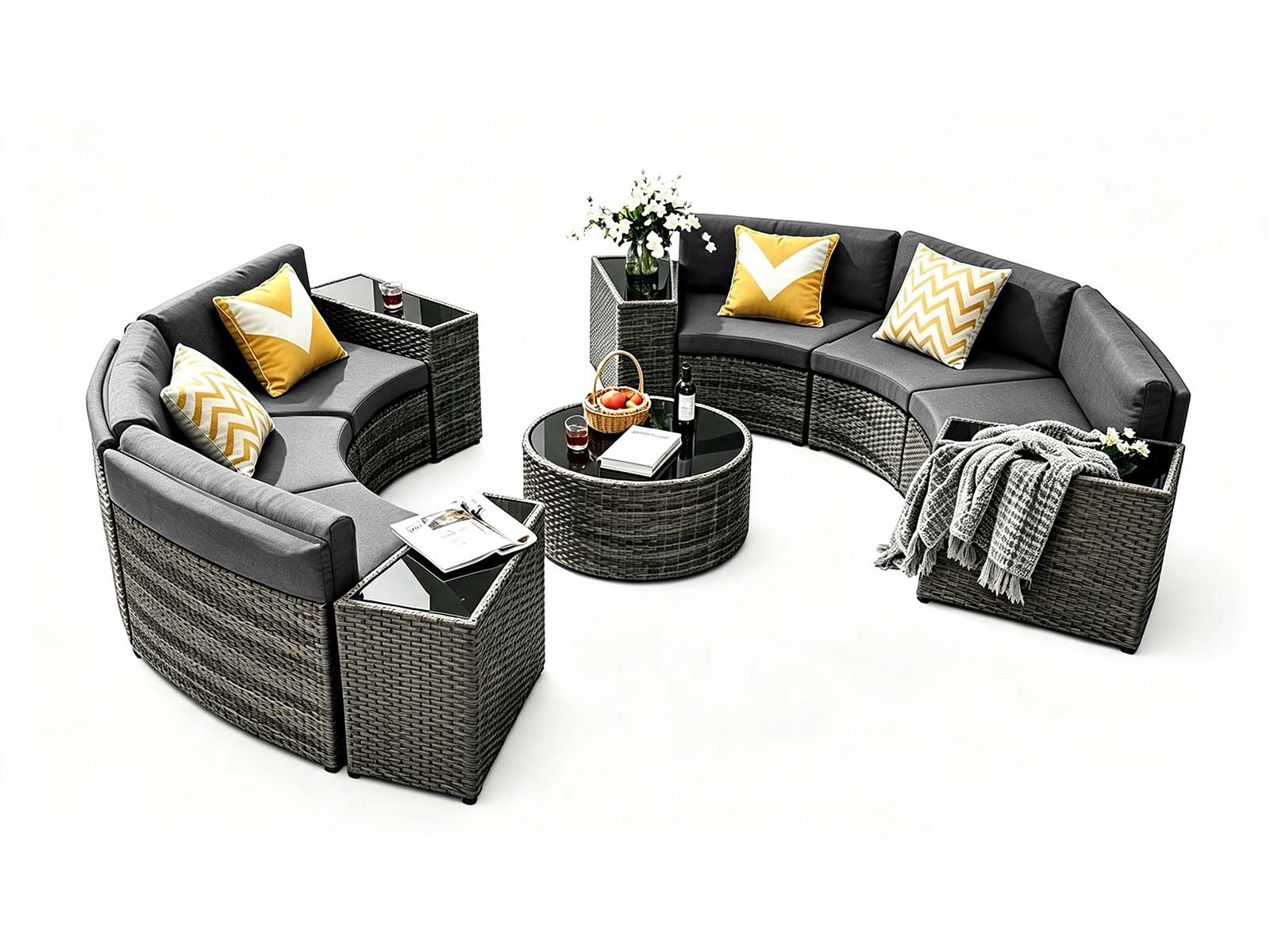 11-Piece Curved Wicker Sofa Set - Grey