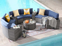 11-Piece Curved Wicker Sofa Set - Navy