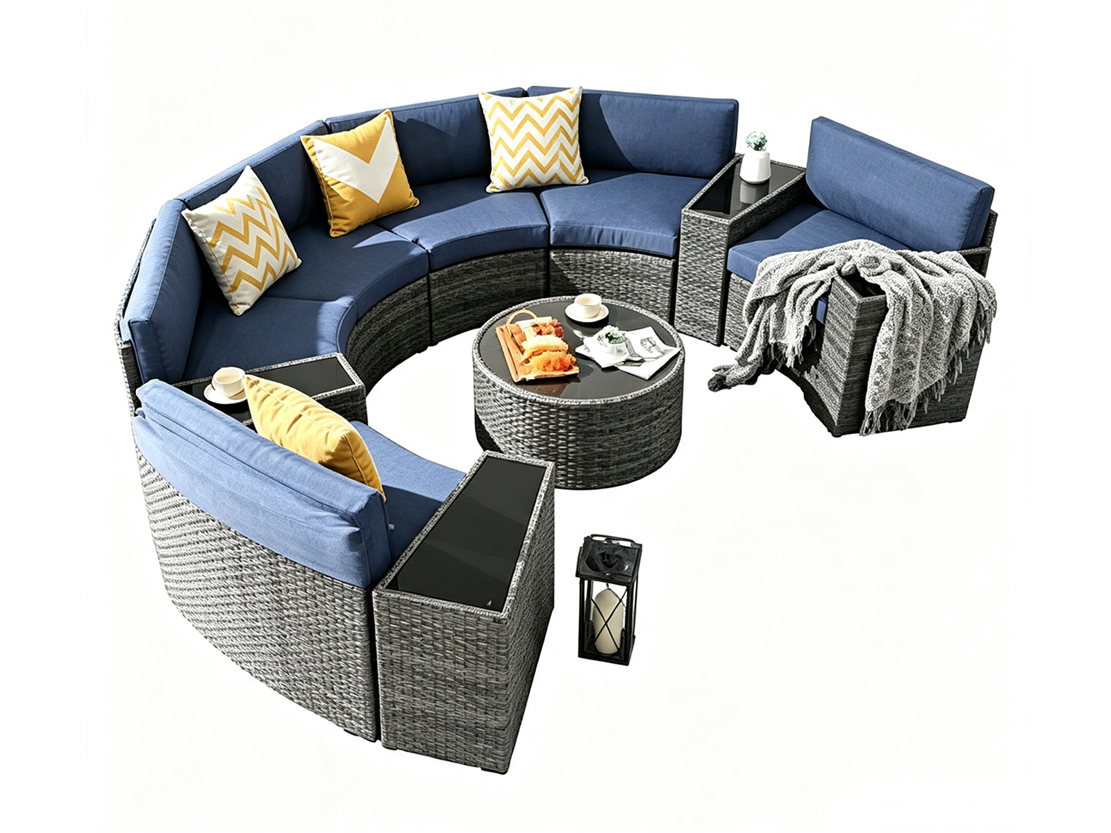 11-Piece Curved Wicker Sofa Set - Navy