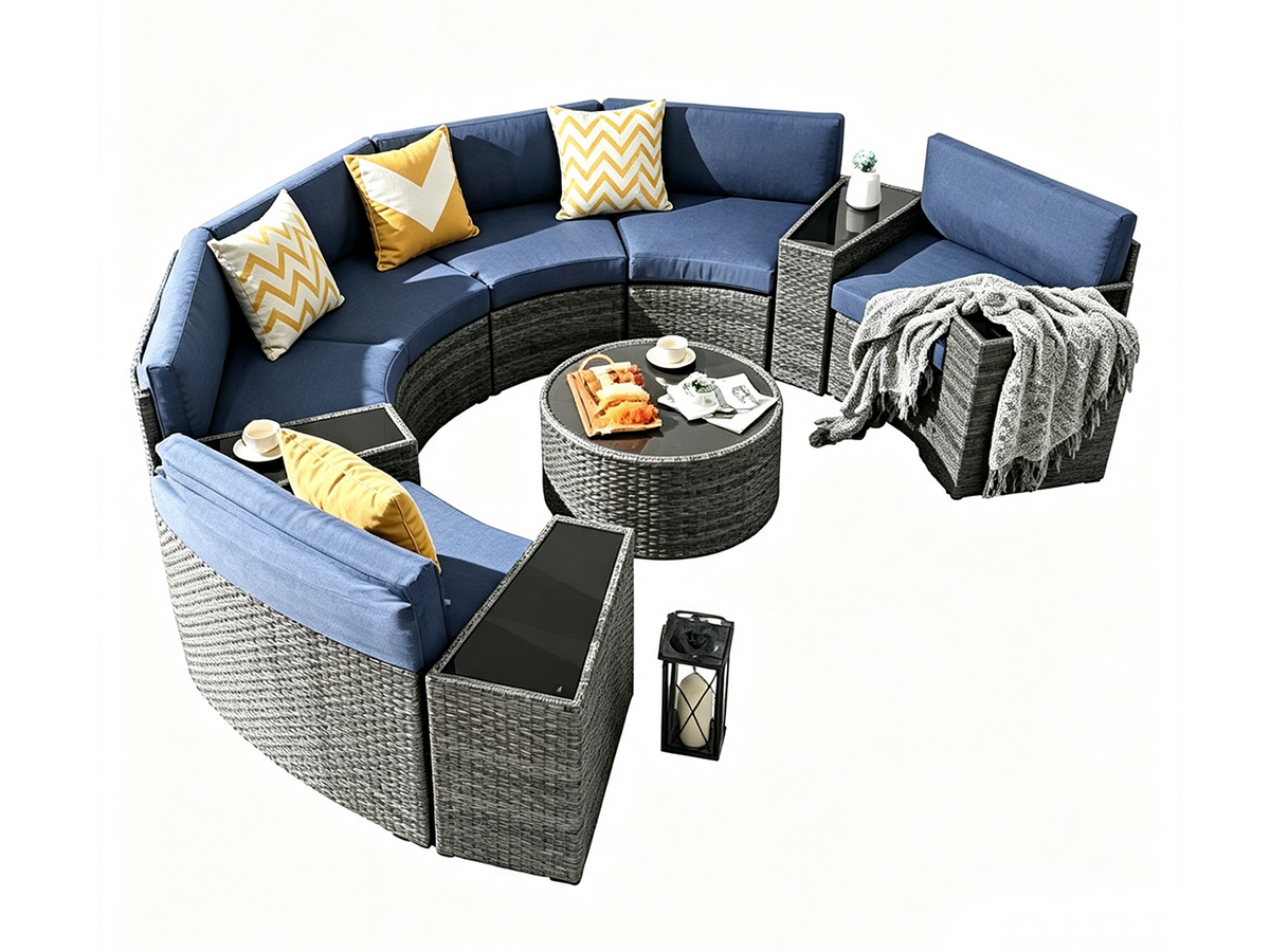 11-Piece Curved Wicker Sofa Set - Navy