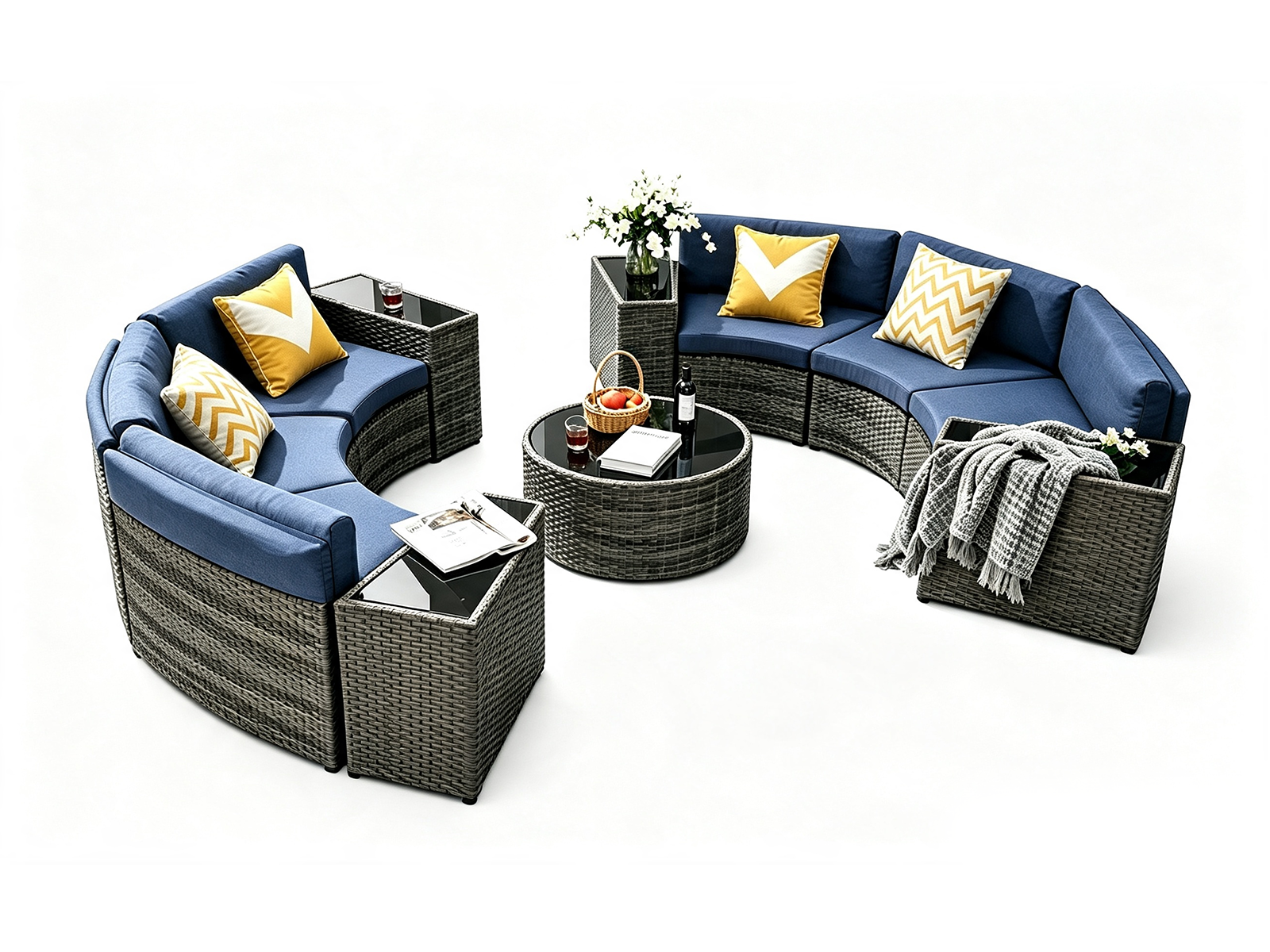 11-Piece Curved Wicker Sofa Set - Navy