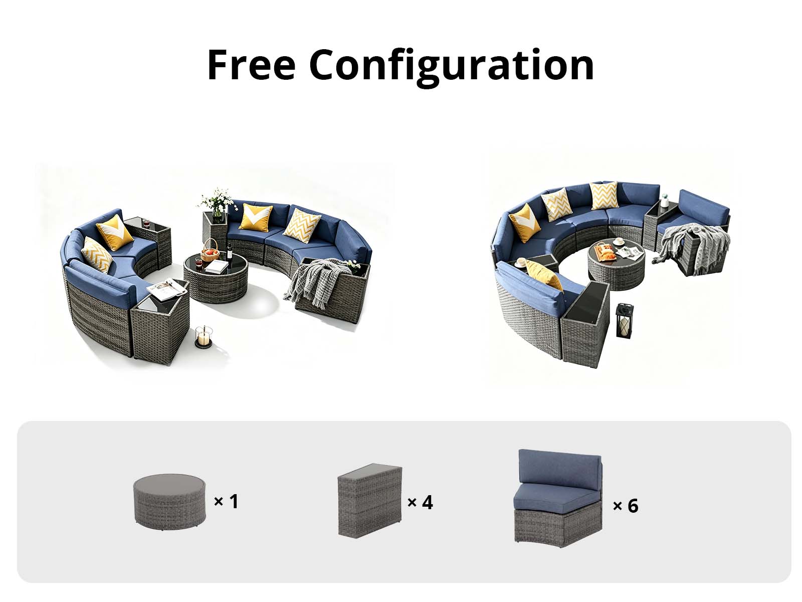 11-Piece Curved Wicker Sofa Set - Navy