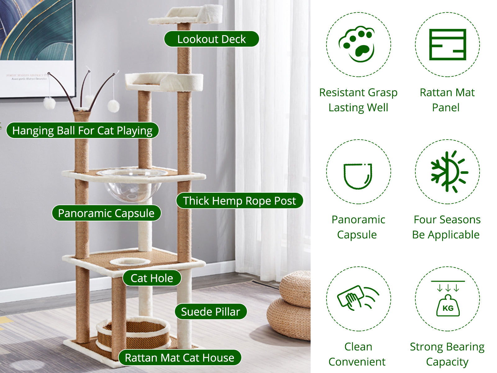 Cat Tree White & Beige - 164 cm