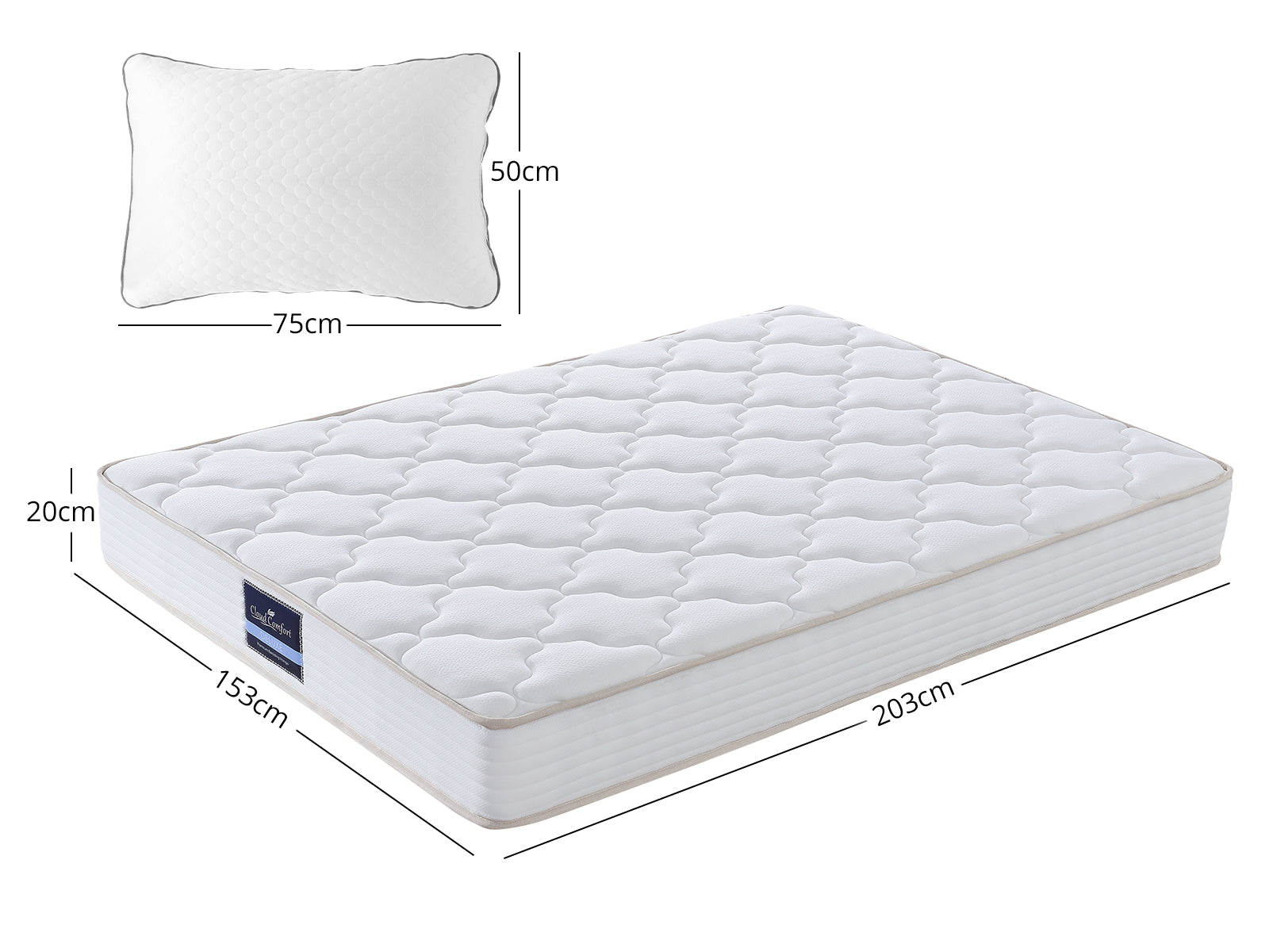 Arna Bed Frame Grey & PIL20 Mattress with Pillows - Queen