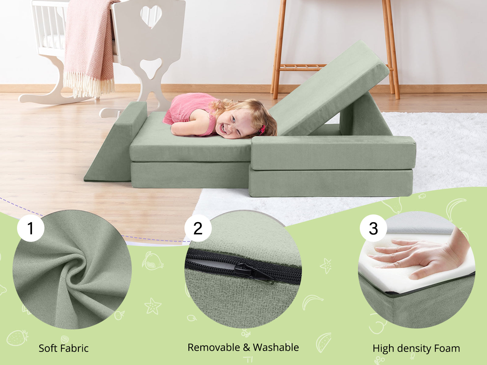 6-PC Modular Kids Play Couch Set - Green