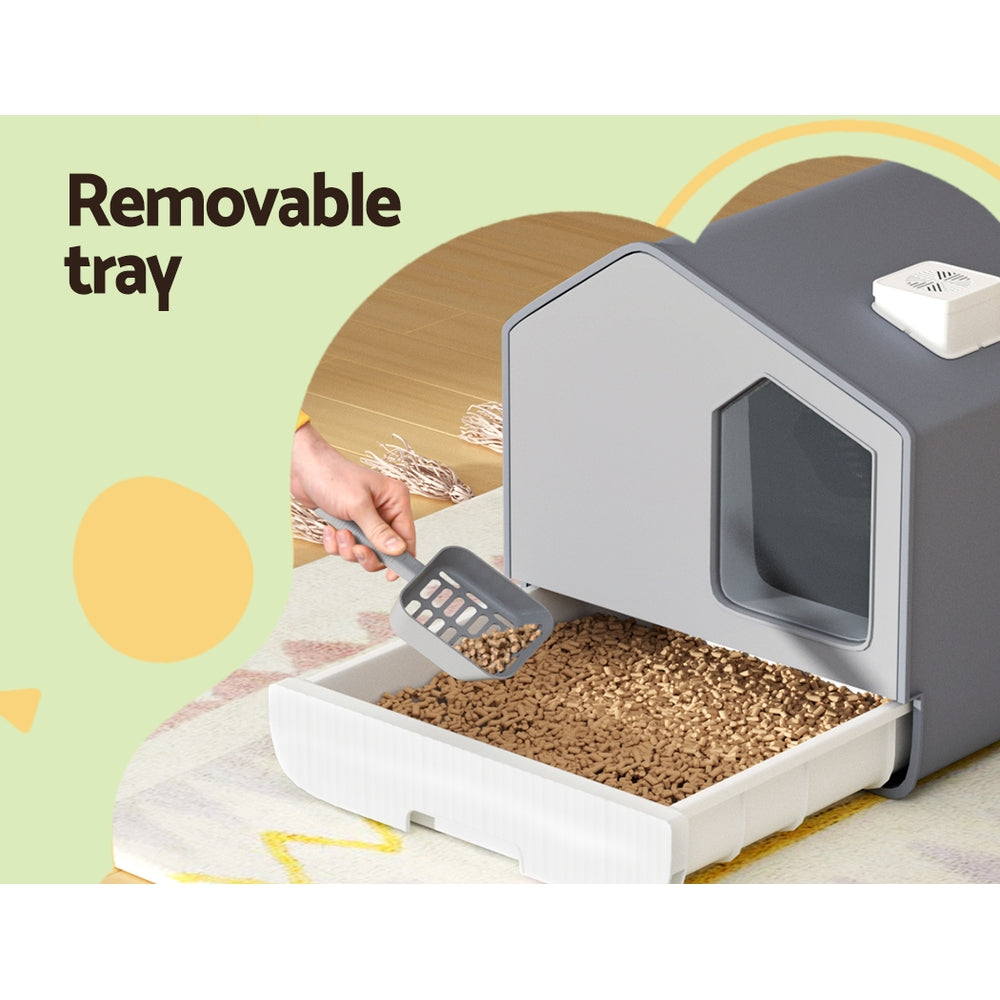 Cat Litter Box Large Tray Kitty Toilet Enclosed Cat Litter Box Hooded Scoop Mat