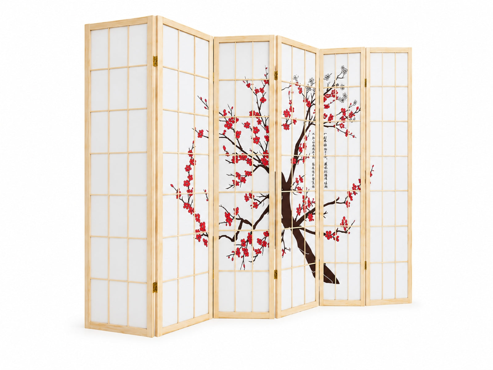 6-Panel Room Divider with Flower Pattern - Natural Wood