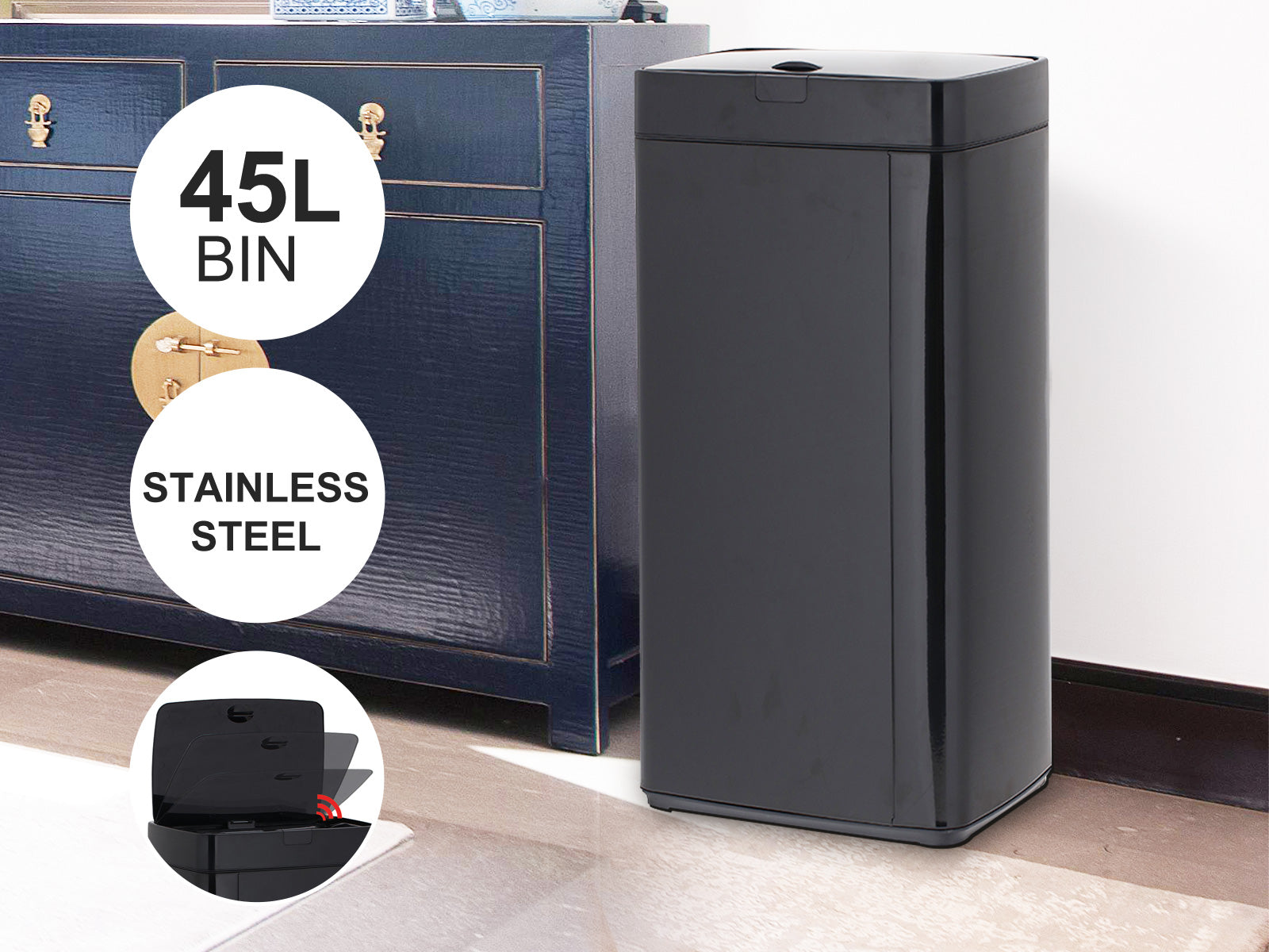 45L Square Sensor Bin - Black