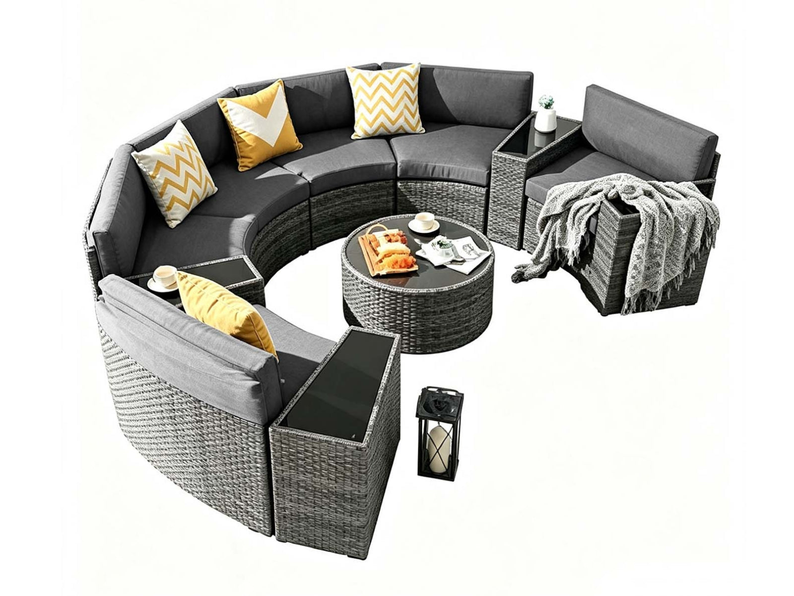 11-Piece Curved Wicker Sofa Set - Grey