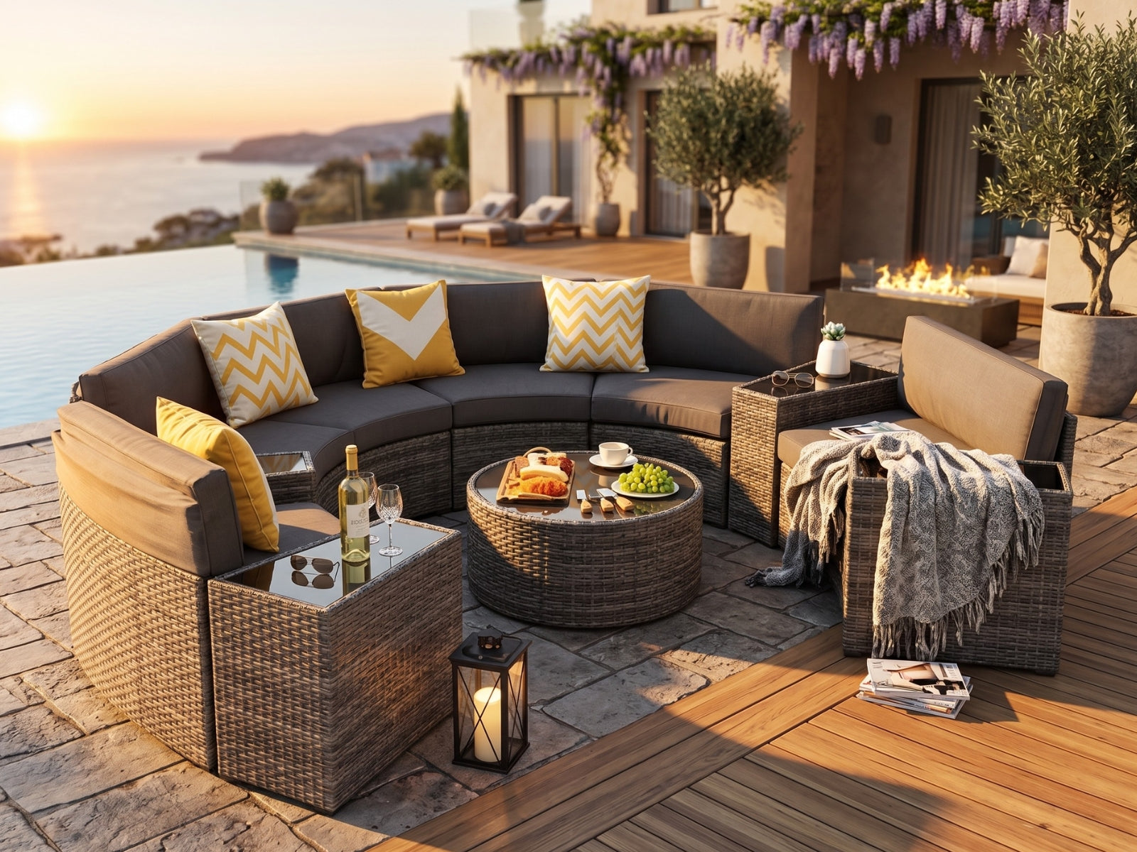 11-Piece Curved Wicker Sofa Set - Grey