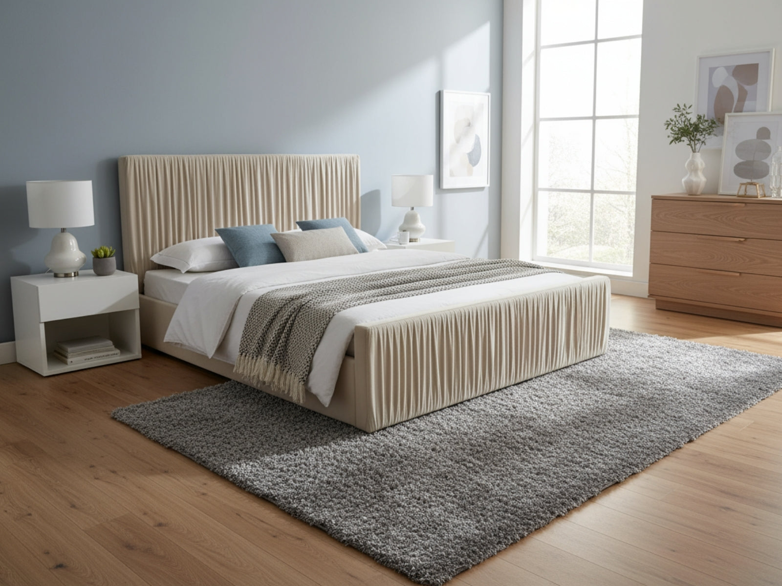 Blaine Velvet Bed Frame Beige & 3 Way Mattress - Queen