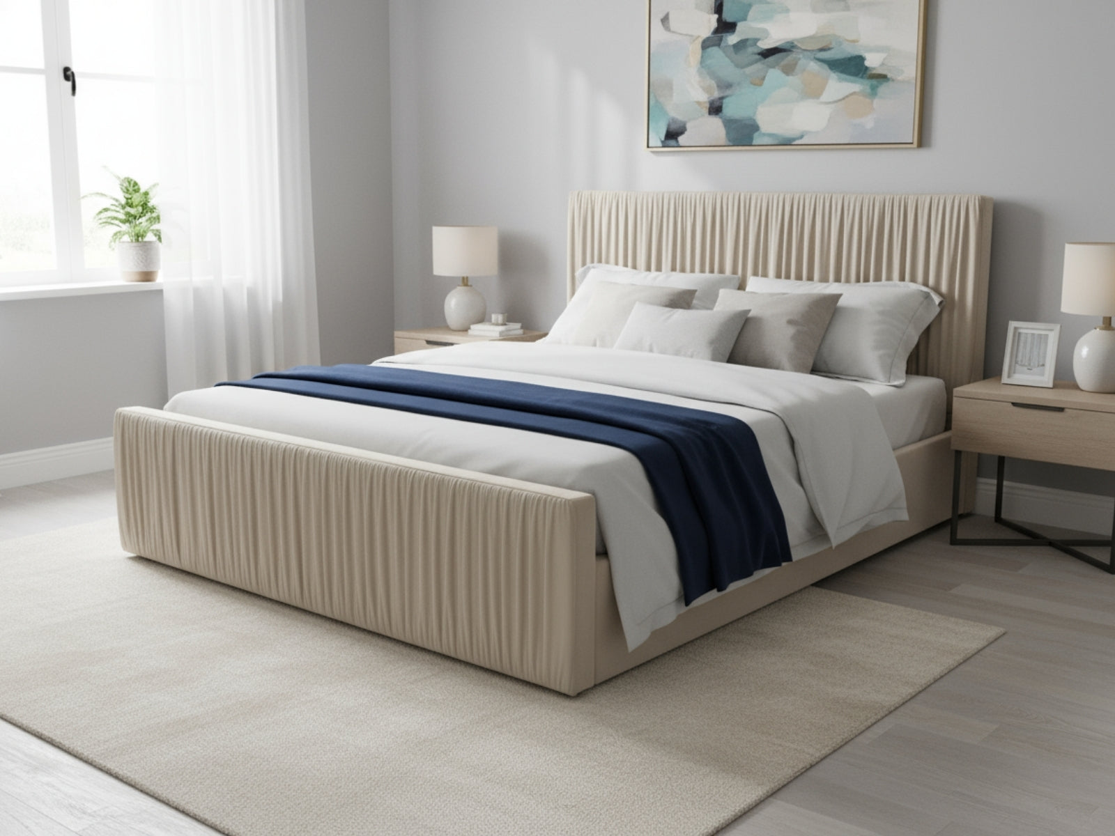 Blaine Velvet Bed Frame Beige & Boucle22 Mattress - Queen